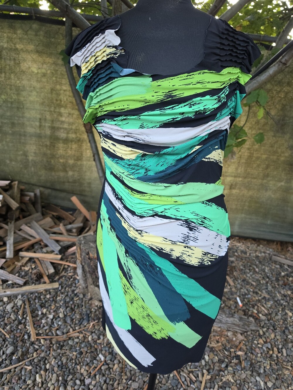 VTG 90s Y2K Ruched Bodycon Dress Neon Green Brushstroke Whimsigoth Cyber Grunge